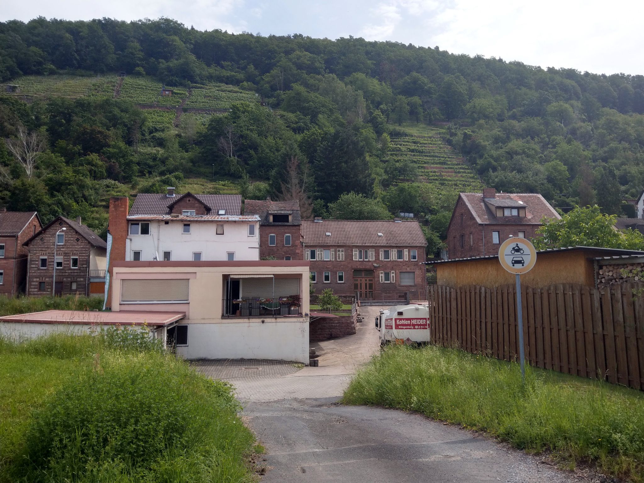 Blick vom Maindamm auf das Anwesen Wilhelmstraße 41-43 (Haus mit der Doppeltür)